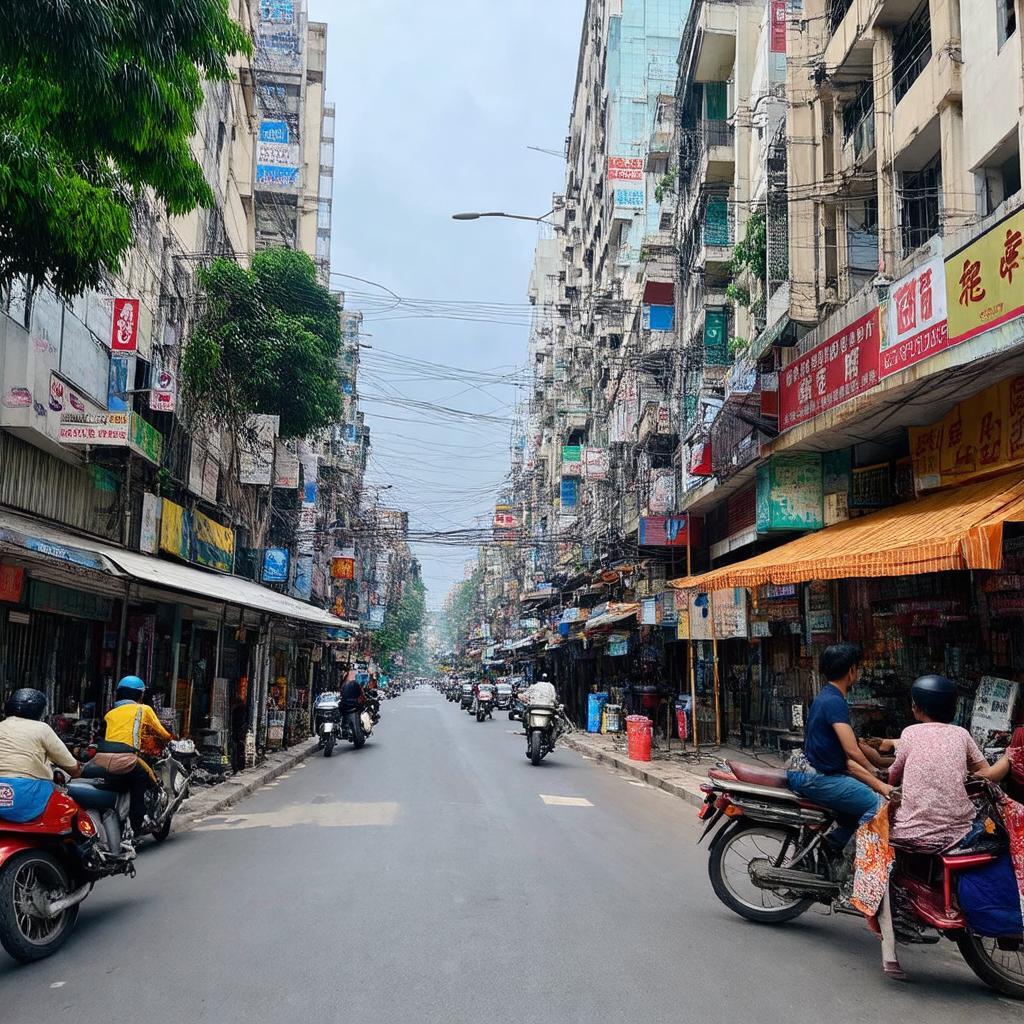 Khu vực sầm uất quanh ngã tư Trường Chinh Tân Kỳ Tân Quý với các cửa hàng, quán ăn, dịch vụ đông đúc, phản ánh đời sống đô thị.